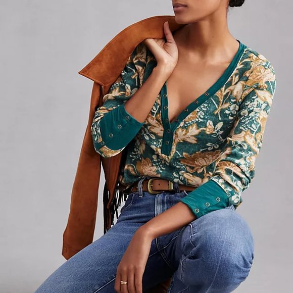 Anthropologie Pilcro Sz L Tee Ling Sleeves Waffle Henley Top NWT - Picture 3 of 17